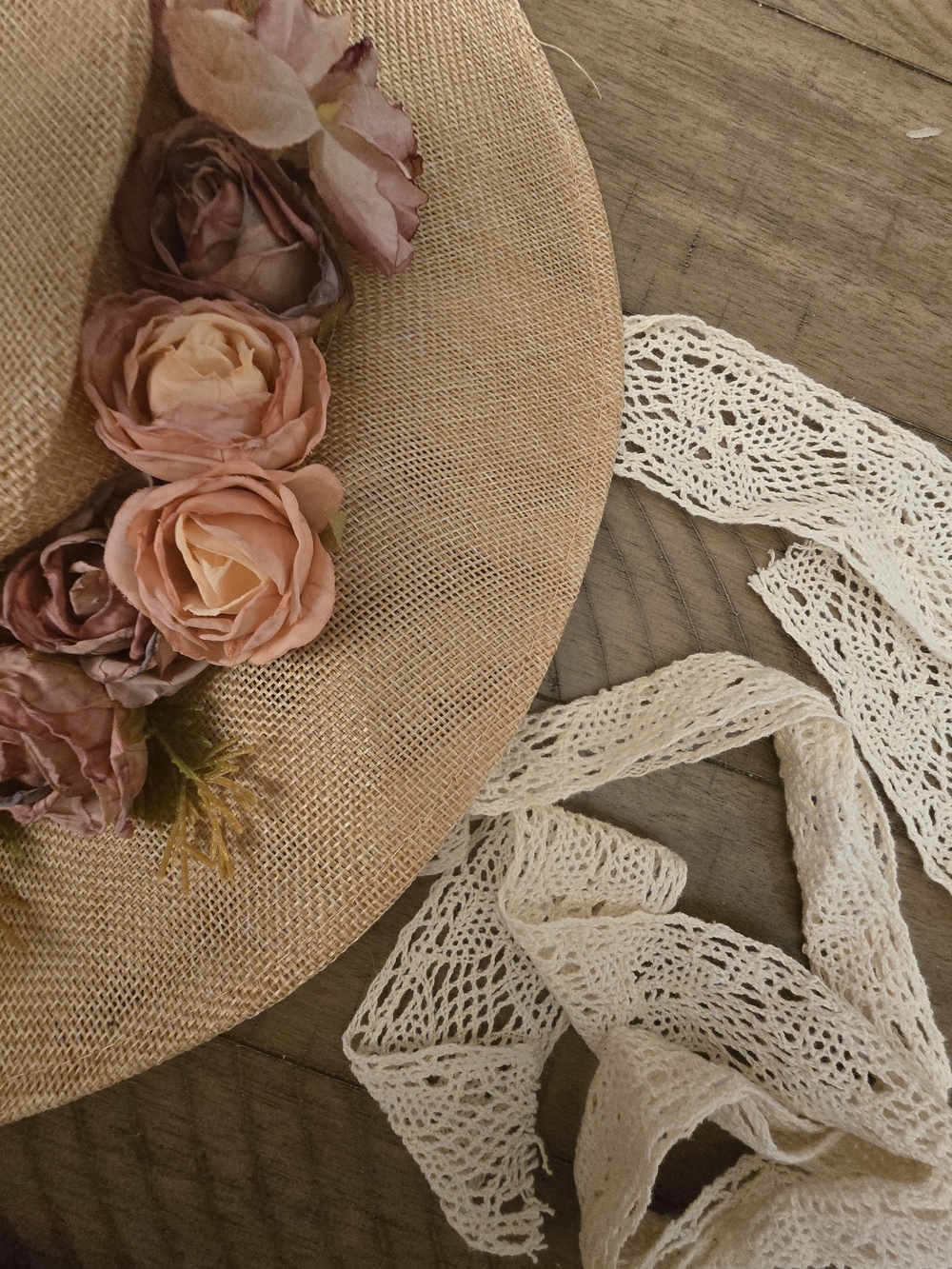 Victorian Time Period Floral Wide Brim Hat in Brown & Pink